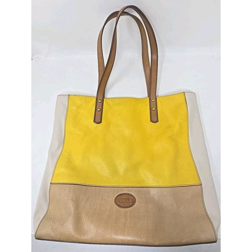 Fossil‎ Zoey Yellow Beige Brown Leather Shopper Shoulder Hand Bag Purse U299